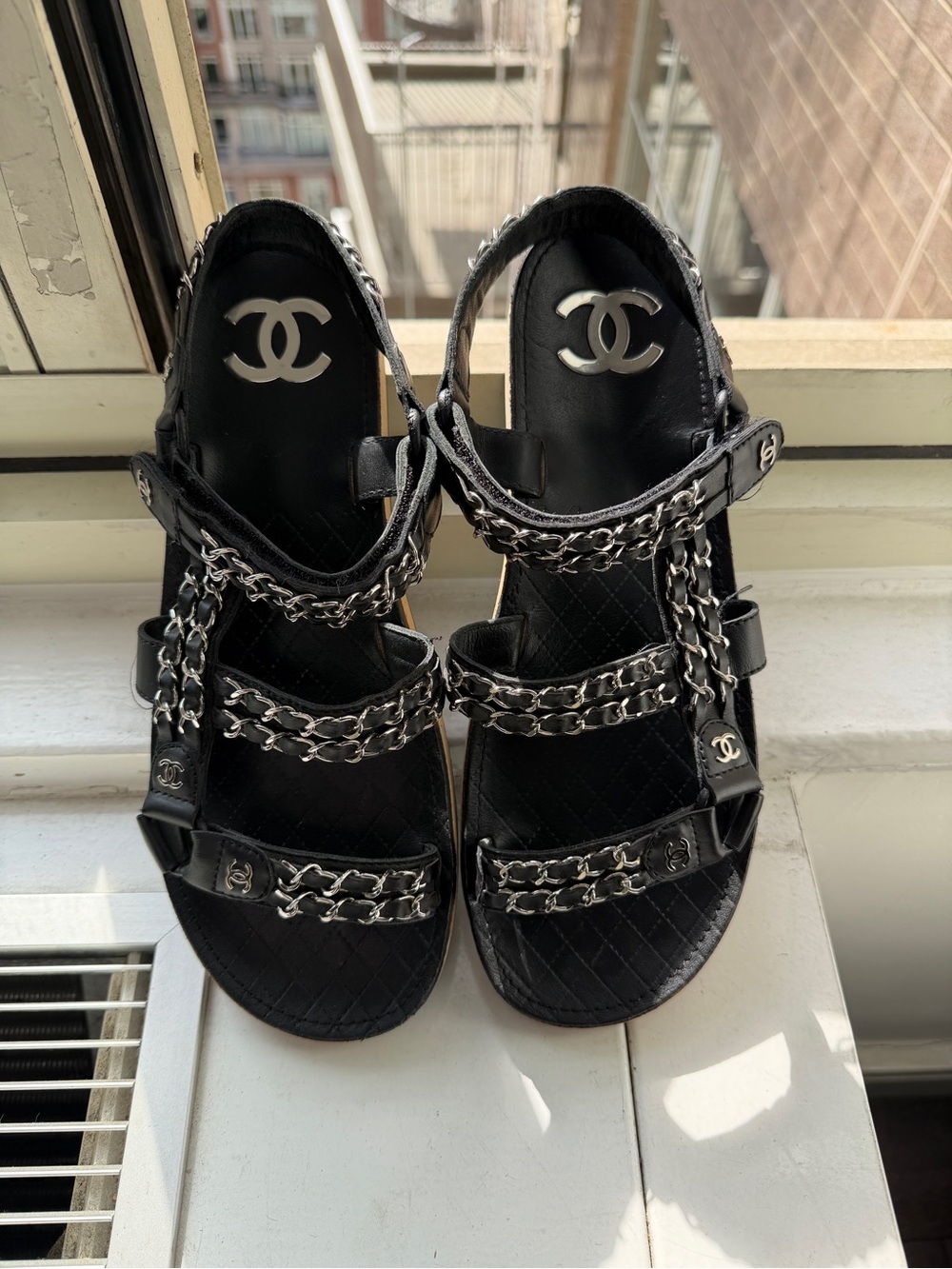 CHANEL Black Quilted Chain-Strap Sandals